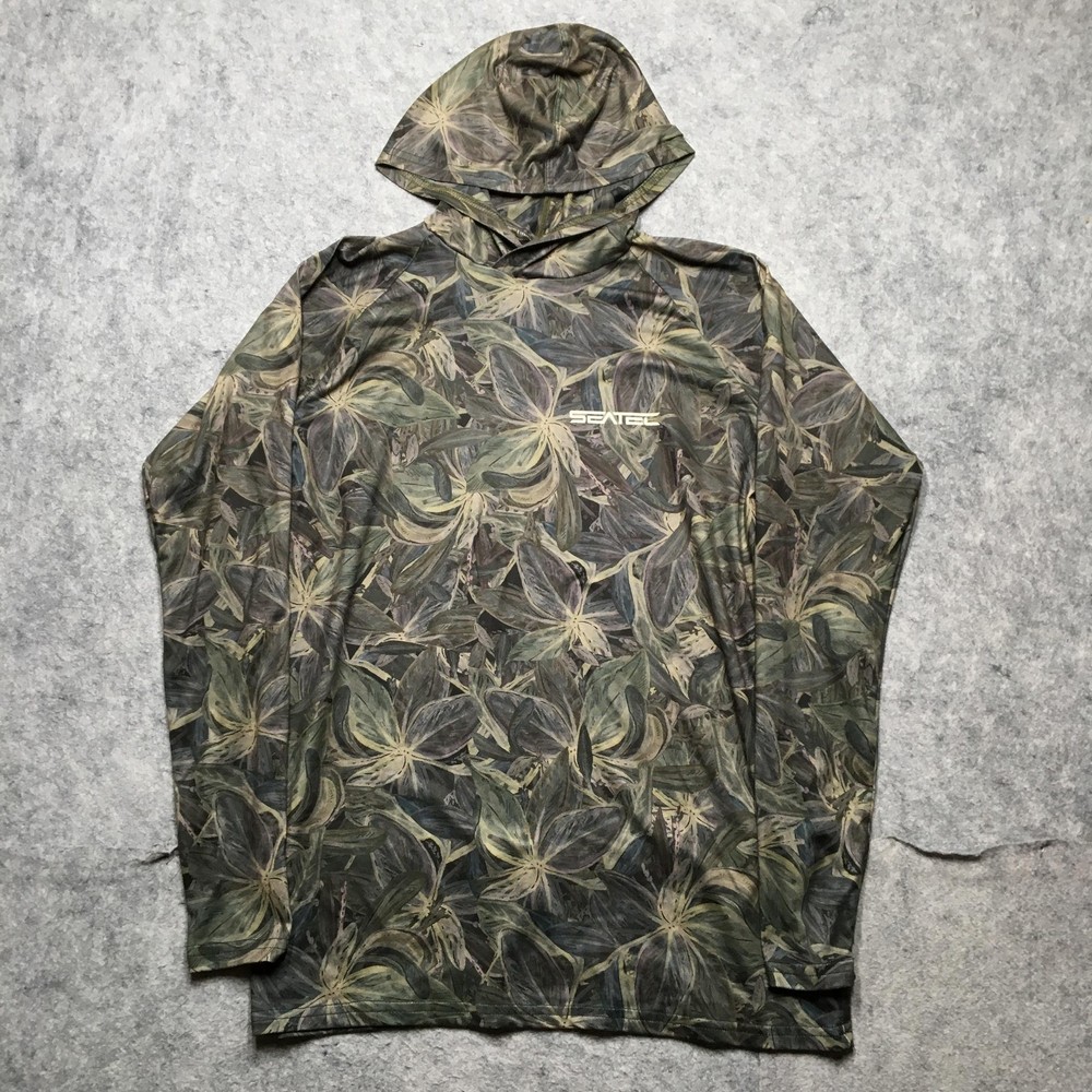 Seatec Hooded Shirt Mens Small Green Floral Camo Lightweight Fishing Made USA