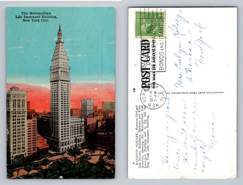 New York City NY, Metropolitan Life Insurance Building Vintage Postcard