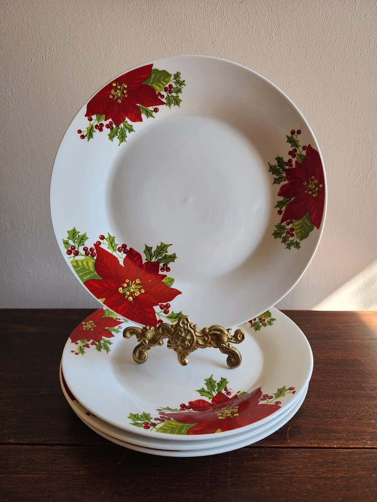 Set Of 4 Gibson Home Poinsettia Holiday Christmas Salad/Luncheon 9