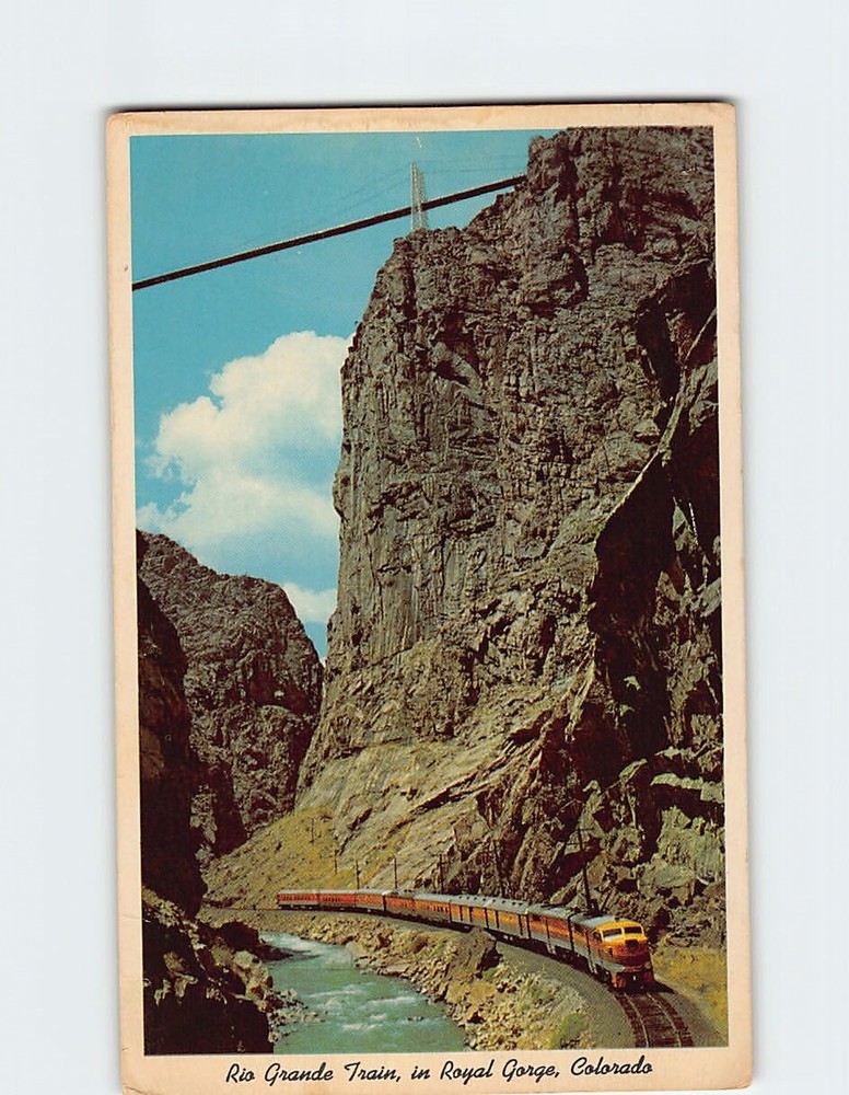 Postcard Rio Grande Train & Suspension Bridge Royal Gorge Colorado USA