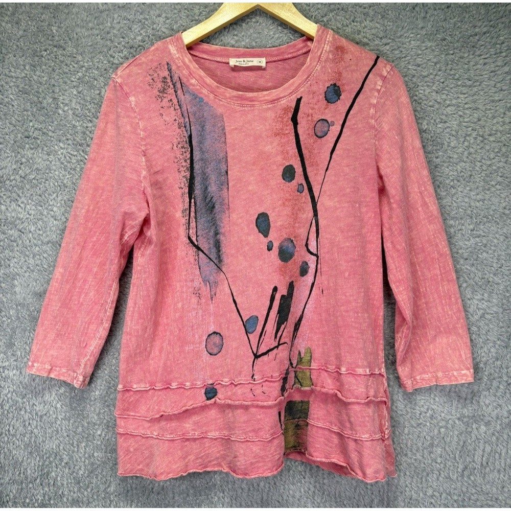 Jess & Jane Womens M Pink Mineral Wash Geometric Tunic Top Boho Artsy Casual