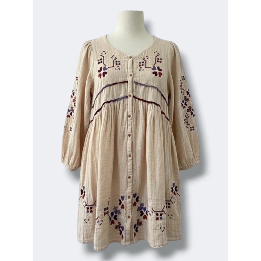 Zara Embroidered Boho Dress Girls 11-12 Cream Muslin Cotton Peasant Cottagecore