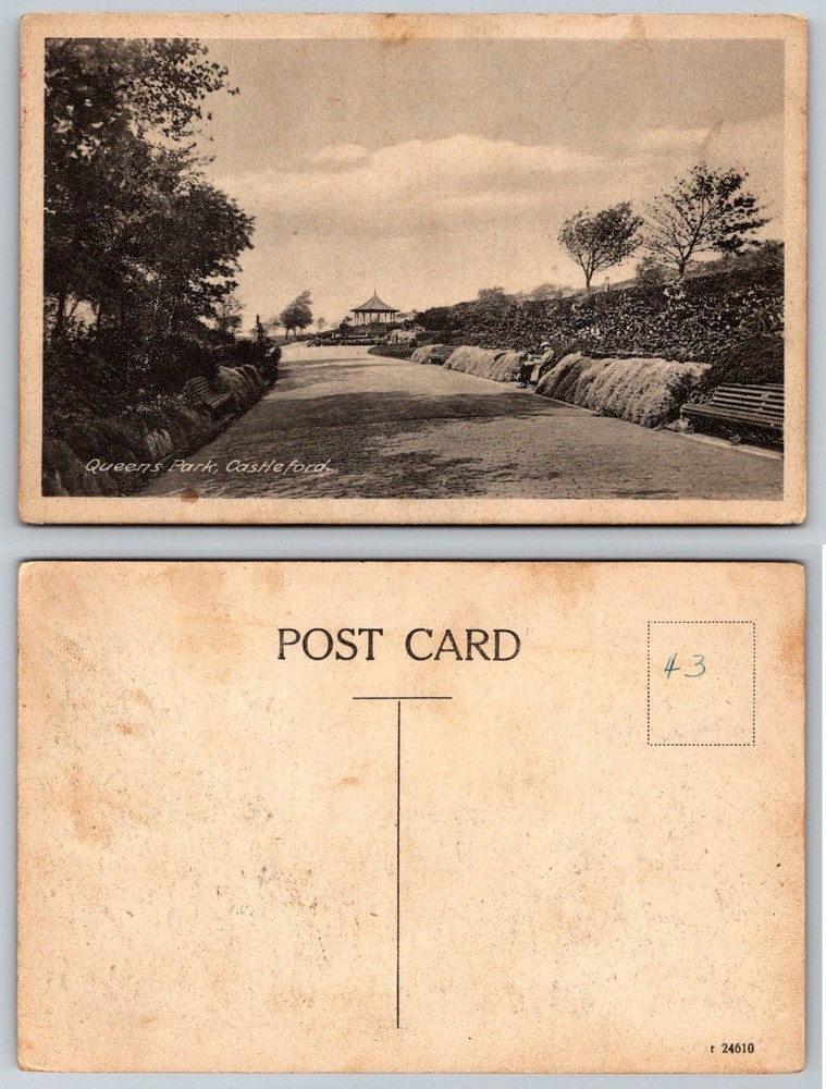 Queen's Park Castleford UK Bandstand Scenic View RPPC Postcard Vintage