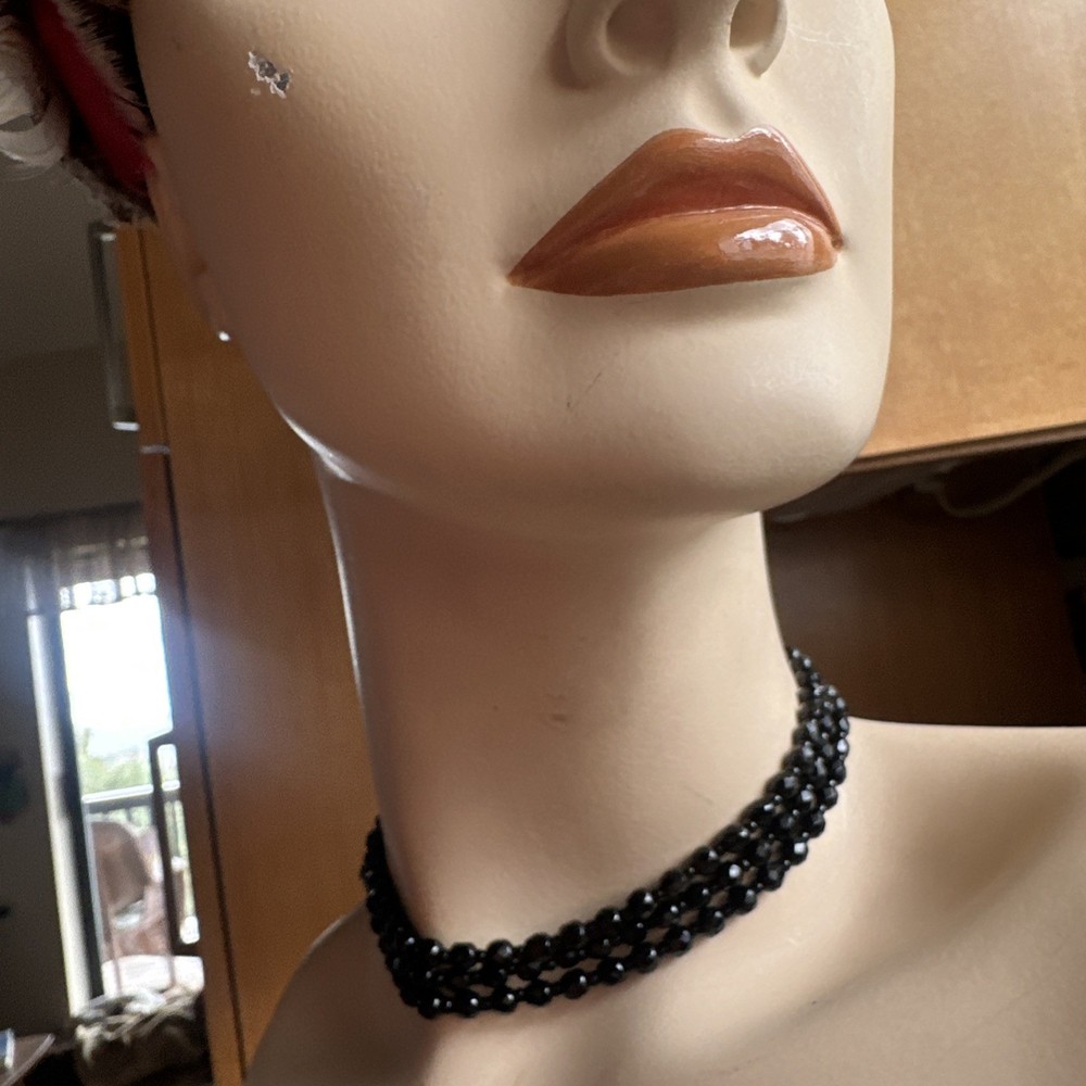 Vintage Three Strand Jet Black Faceted Bead Choker Necklace