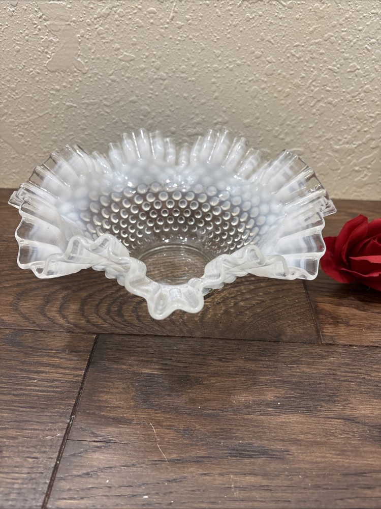 Vintage Fenton Hobnail Opalescence White Ruffled Edge Art Glass Bowl