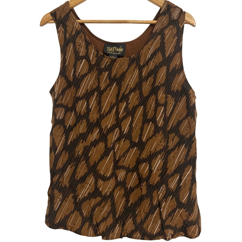 Vintage Bob Mackie Wearable Art 100% Silk Brown Sleeveless Blouse Medium