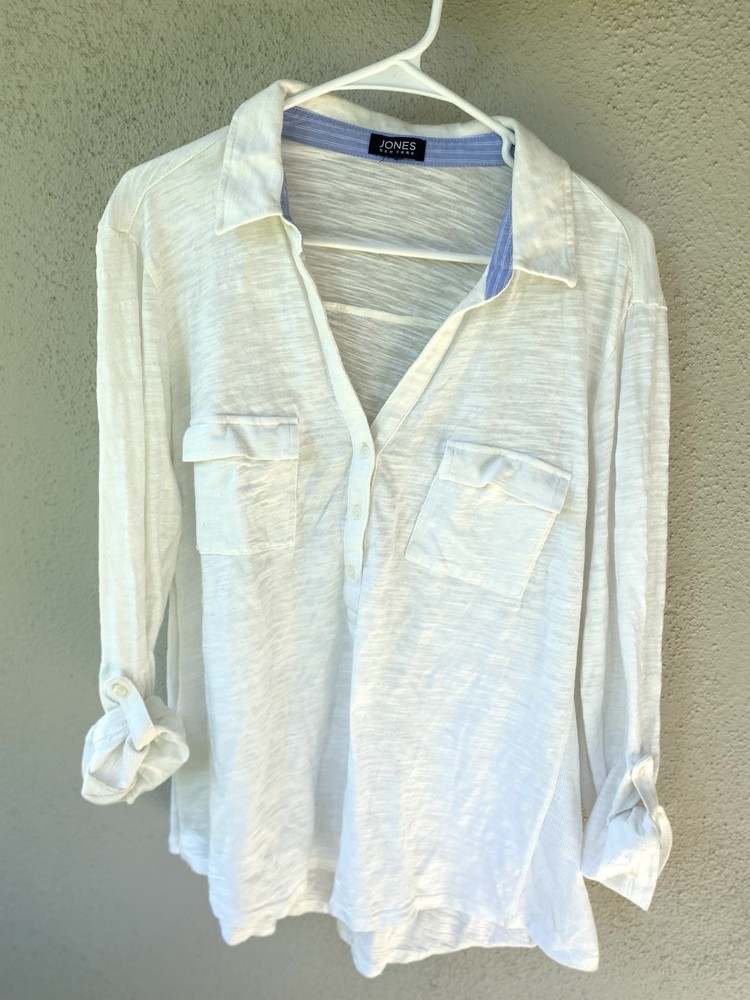 Jones New York White Cotton Collared Button-Up Long Sleeve Blouse Women's