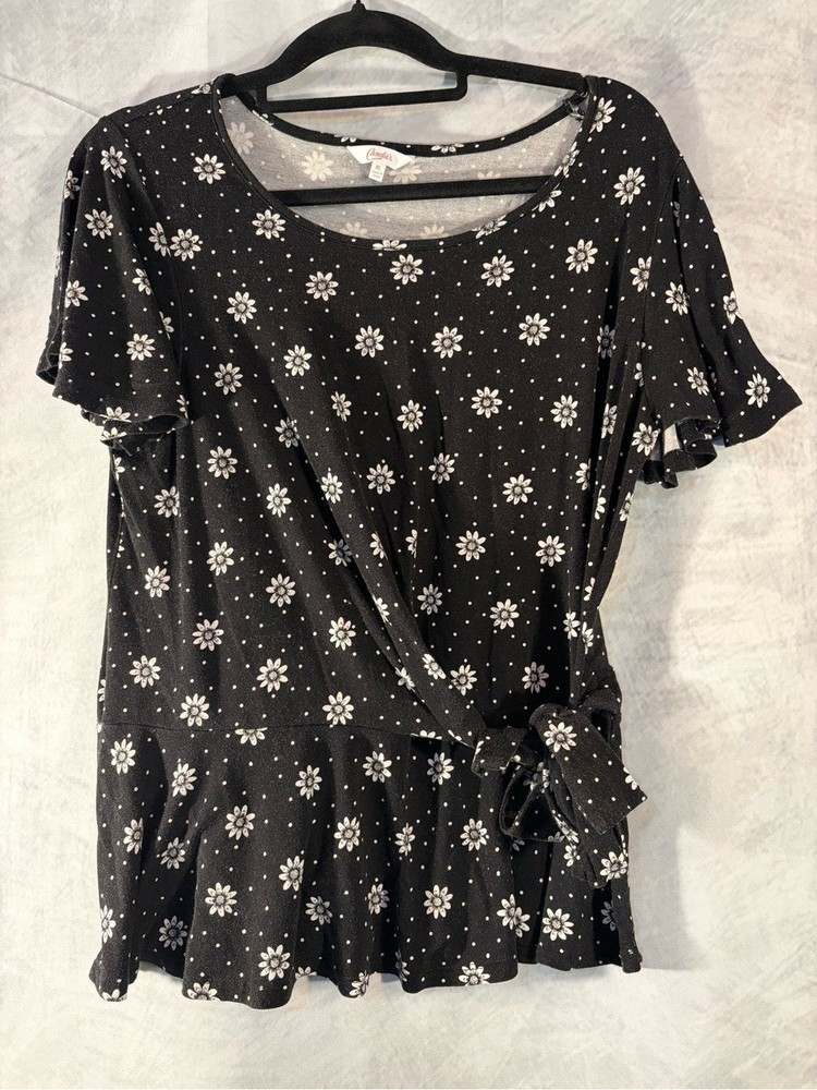 Candie’s XL Black Floral Peplum Tie Front Top