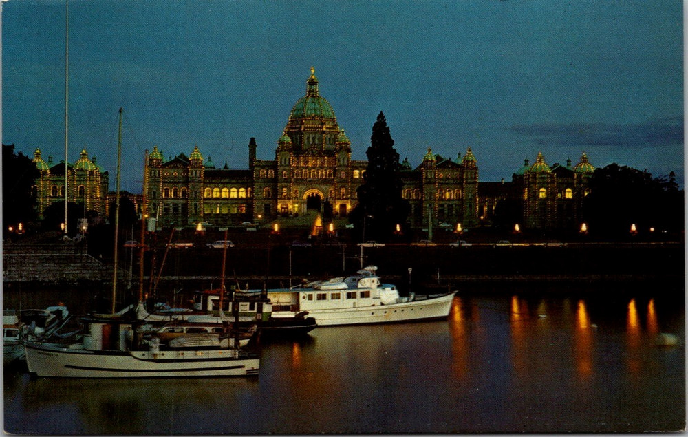 Parliament Buildings Illuminated, Inner Harbour Victoria B.C. Postcard