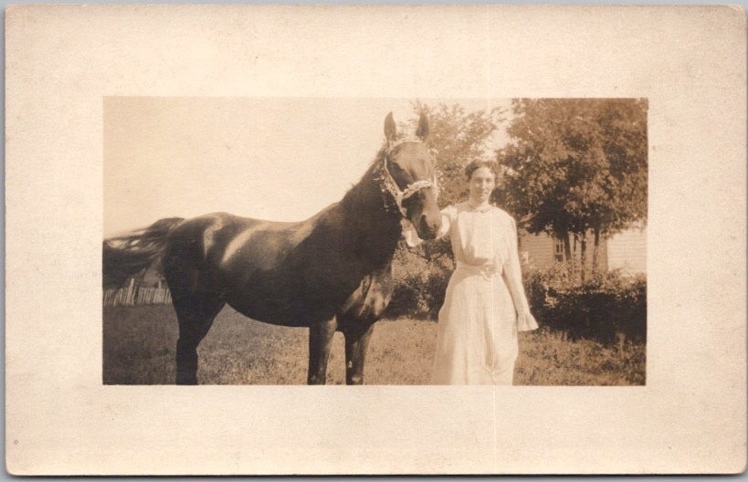 Vintage 1910s Real Photo RPPC Postcard Farm Scene - Woman with Horse