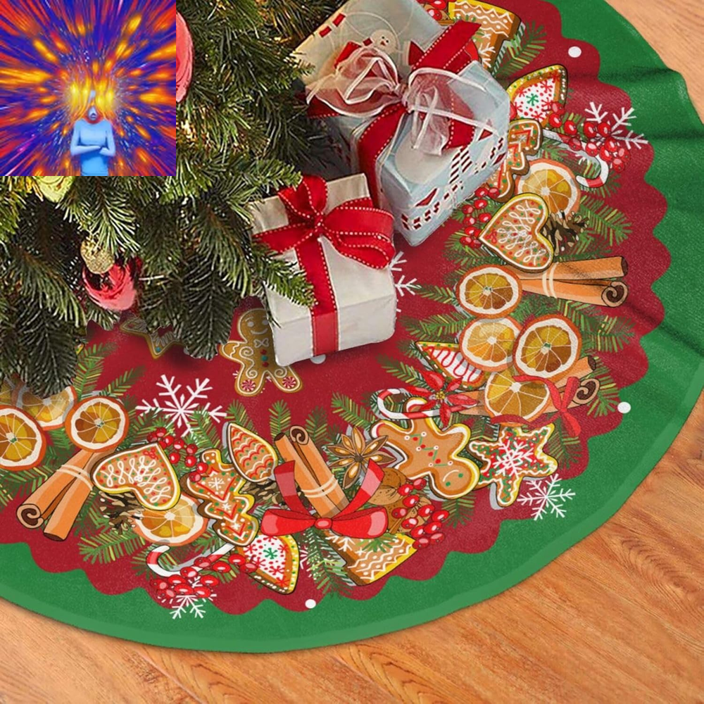 Gingerbread Man Christmas Tree Skirt Wreath Bow Snowflake Funny Tree Mat for Far