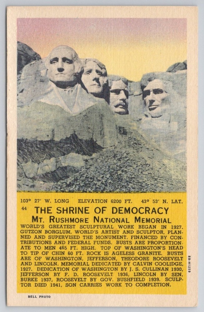 Mount Rushmore Shrine of Democracy Postcard - Black Hills South Dakota