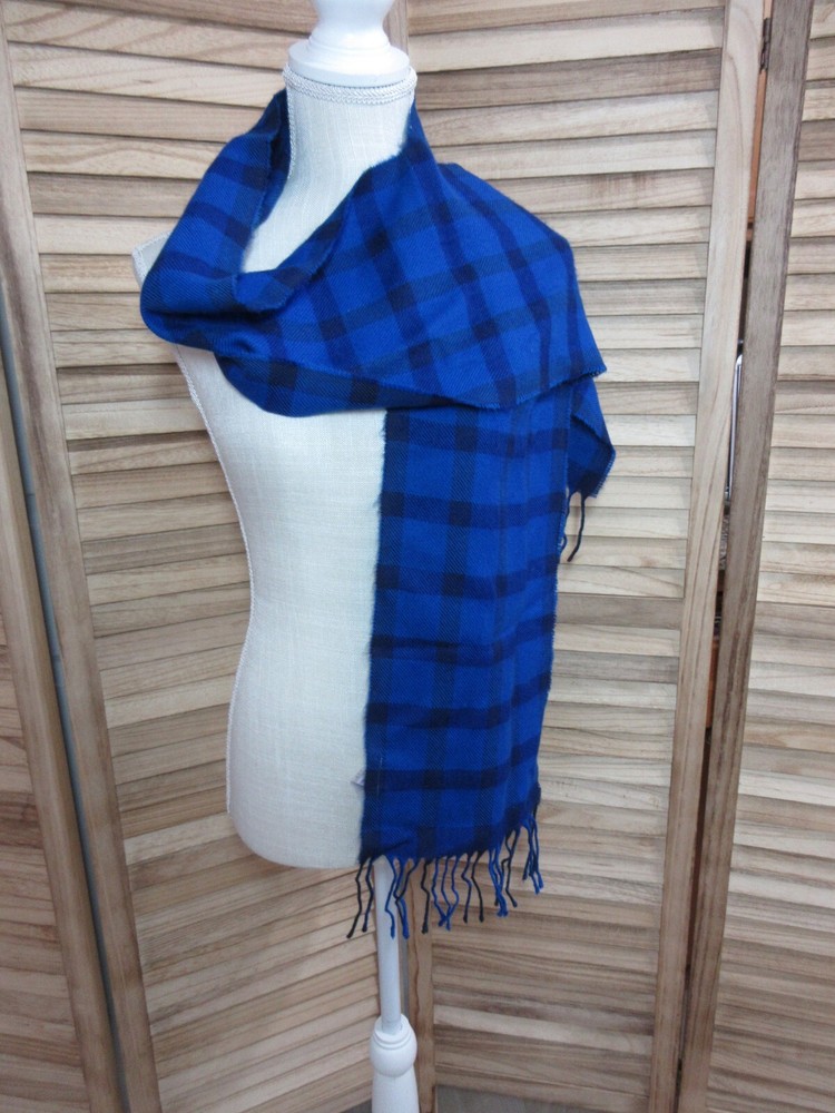 Giesso Two-Tone Blue Plaid Rectangular Fringed Wool Scarf Argentina