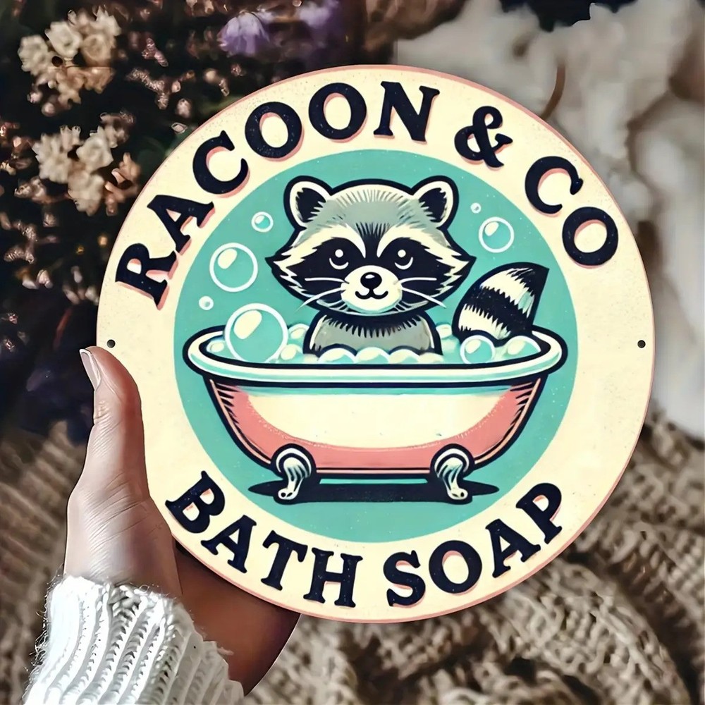 Vintage Raccoon Bathtub Soap Sign Round Aluminum Art 8Inch