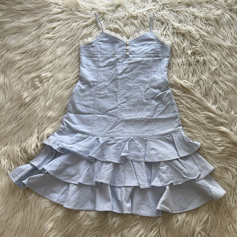 Ralph Lauren Baby Blue Mini Ruffle Cami Dress Tiered Hem Lace Trim Girls Size 8