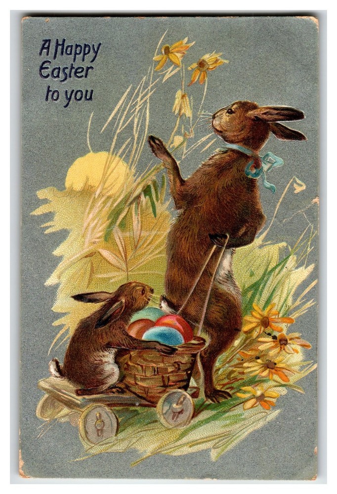 Raphael Tuck Easter Postcard 1909 Rabbits Pushing Egg Cart Saxony