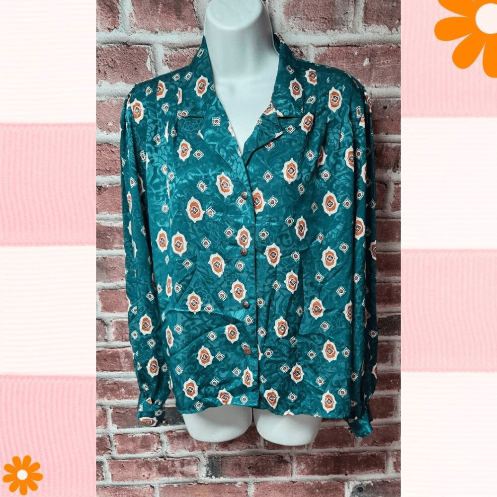 Vintage Peters & Ashley Green Satin Paisley Button Up Blouse Top  Size 12