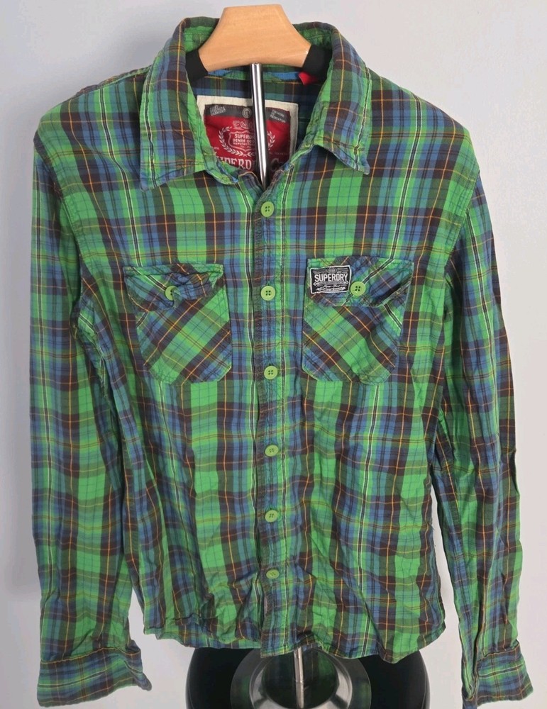 Superdry Plaid Button Down Shirt Mens Size S Green Blue Flannel Cotton Long...