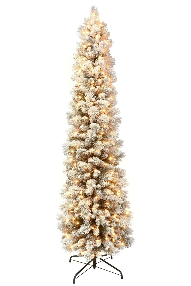 6.5 Foot Pre-Lit Flocked Portland Pine Pencil Artificial Christmas Tree with ...