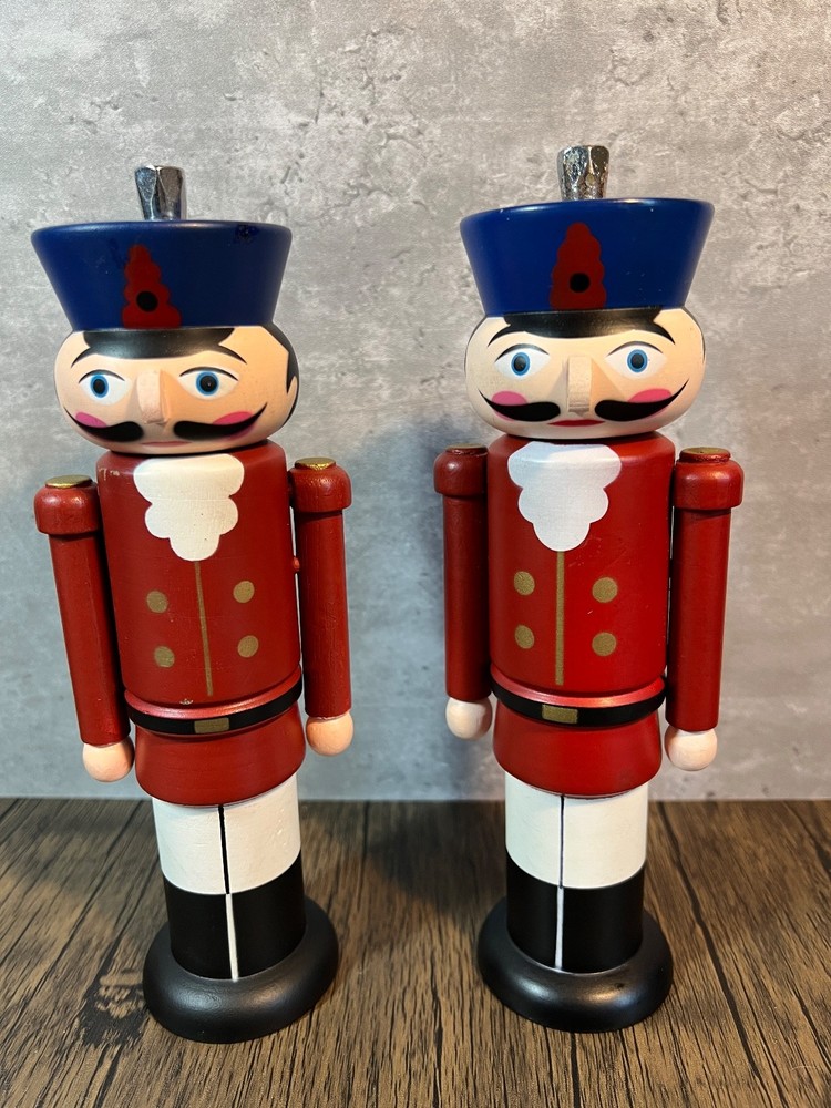 Wooden Nutcracker Soldier Pepper Mill  and Salt Grinder Set Used