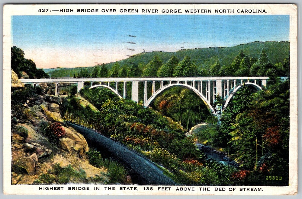 Vtg Linen Postcard High Bridge Green River Gorge, NC 1930s