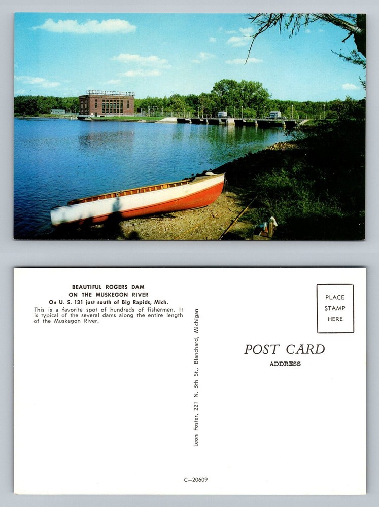 Big Rapids, MI-Michigan, Rogers Dam Muskegon River Fishing Spot Vintage Postcard