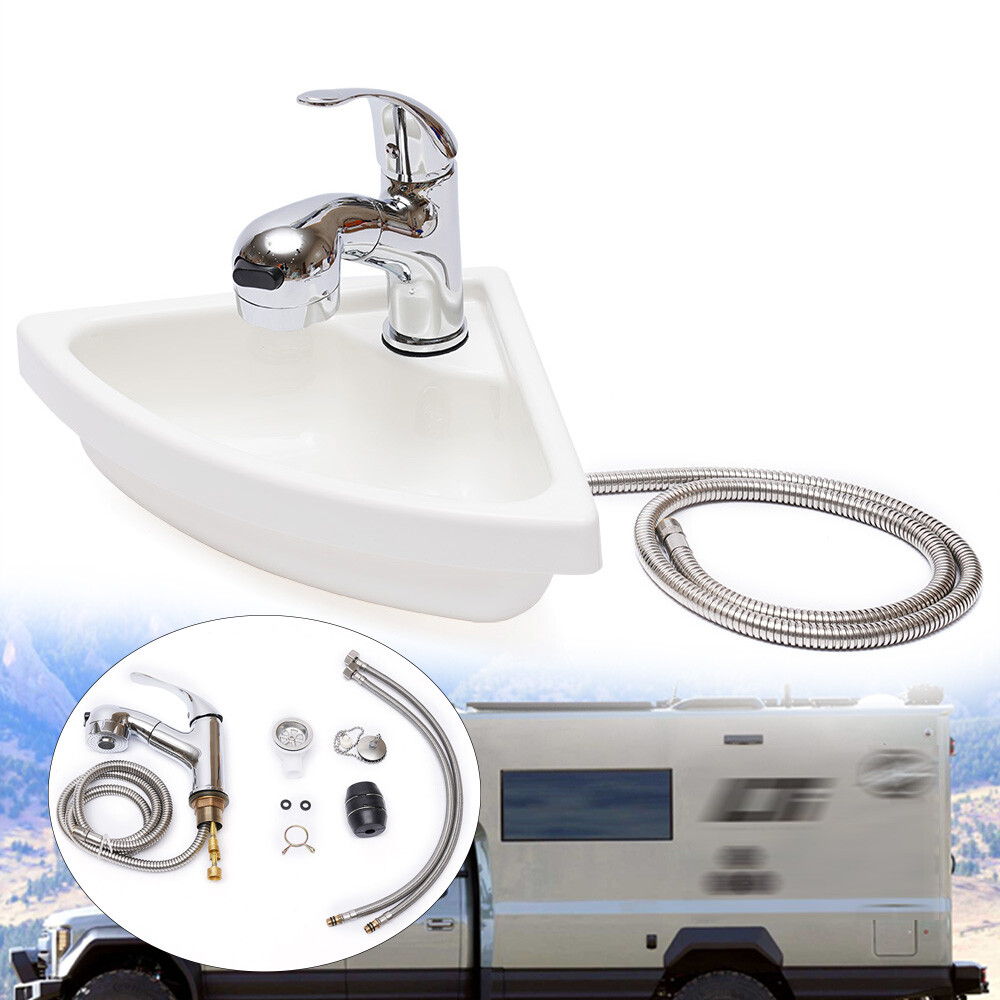 Boat Caravan RV Camper White Acrylic Triangular Sink With Faucet Drain Hose Kit