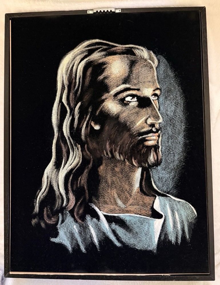 Vintage 12x16 MCM Black Velvet Jesus Christ Painting Framed 1970s God Christian