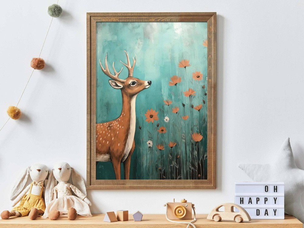 Vintage Deer Nursery Wall Art Forest Animal Painting for Kids Room Decor