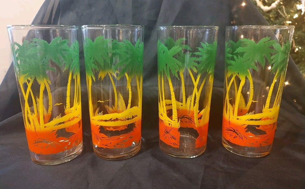 4 Piece Vintage Tropical Beach Theme Glasses Set Palm Trees Neon Retro Mcm Ocean