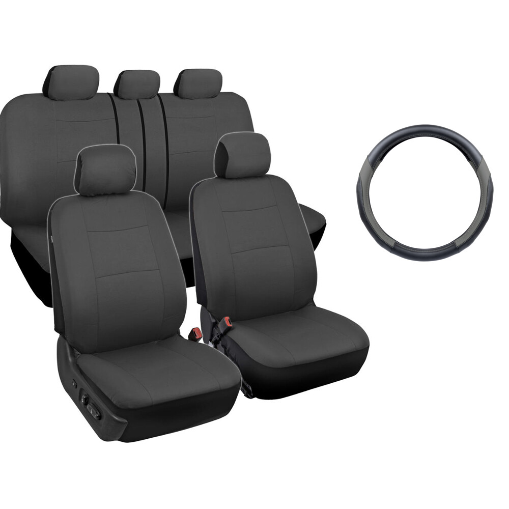 Car Seat Covers Front/Rear + Leather Steering Wheel Cover Universal Gray