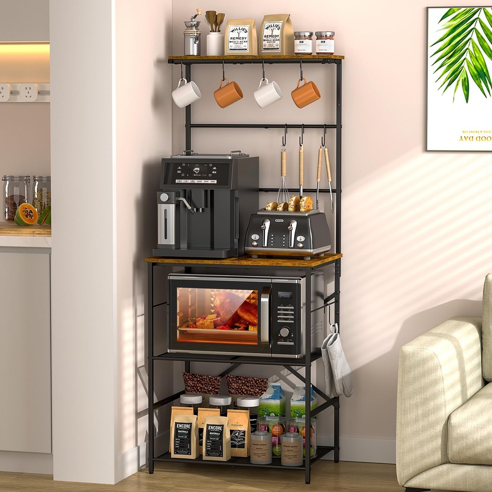 4 Tier Coffee Bar Station, Kitchen Stand with 8 S-Shaped Hooks, Large Space C...
