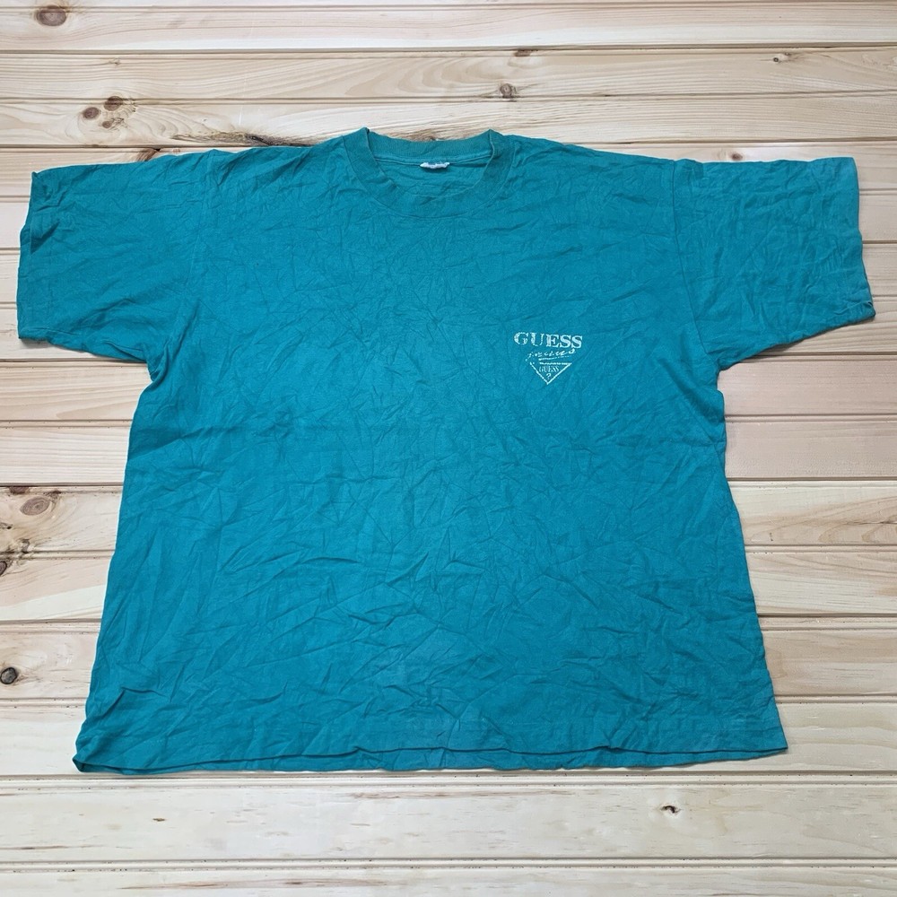 Vintage 90s Guess Spellout Blue Single Stitch Shirt Size XL