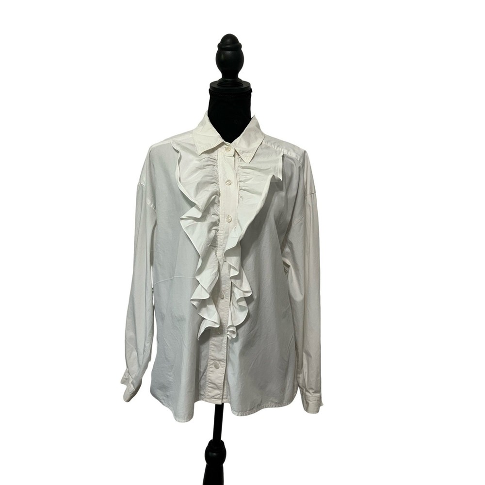 Liz Claiborne White Ruffle Front Long-Sleeve Button Down Blouse Size 14