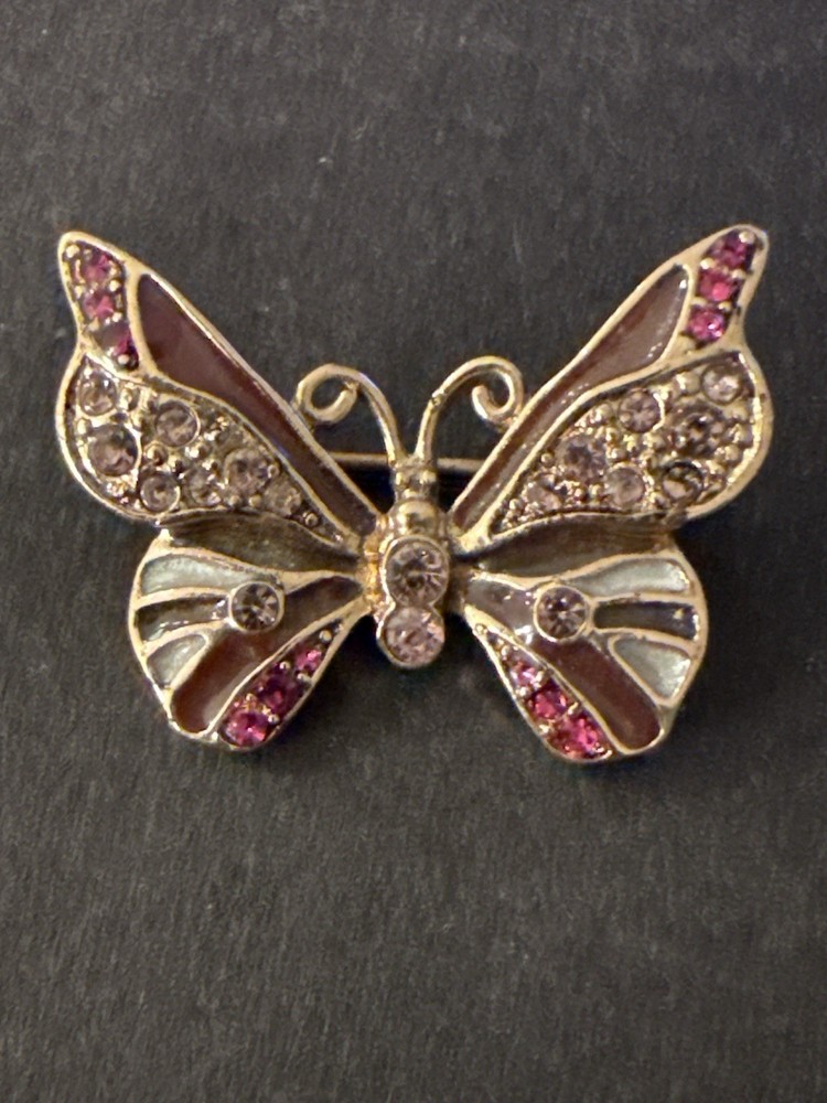 VTG Liz Claiborne LC Butterfly Brooch Pink Enamel Rhinestone Gold Tone Signed