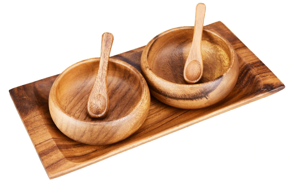 Acacia Wood 10” Appetizer Tray Gift Set with 2 Bowls and Spoons-image