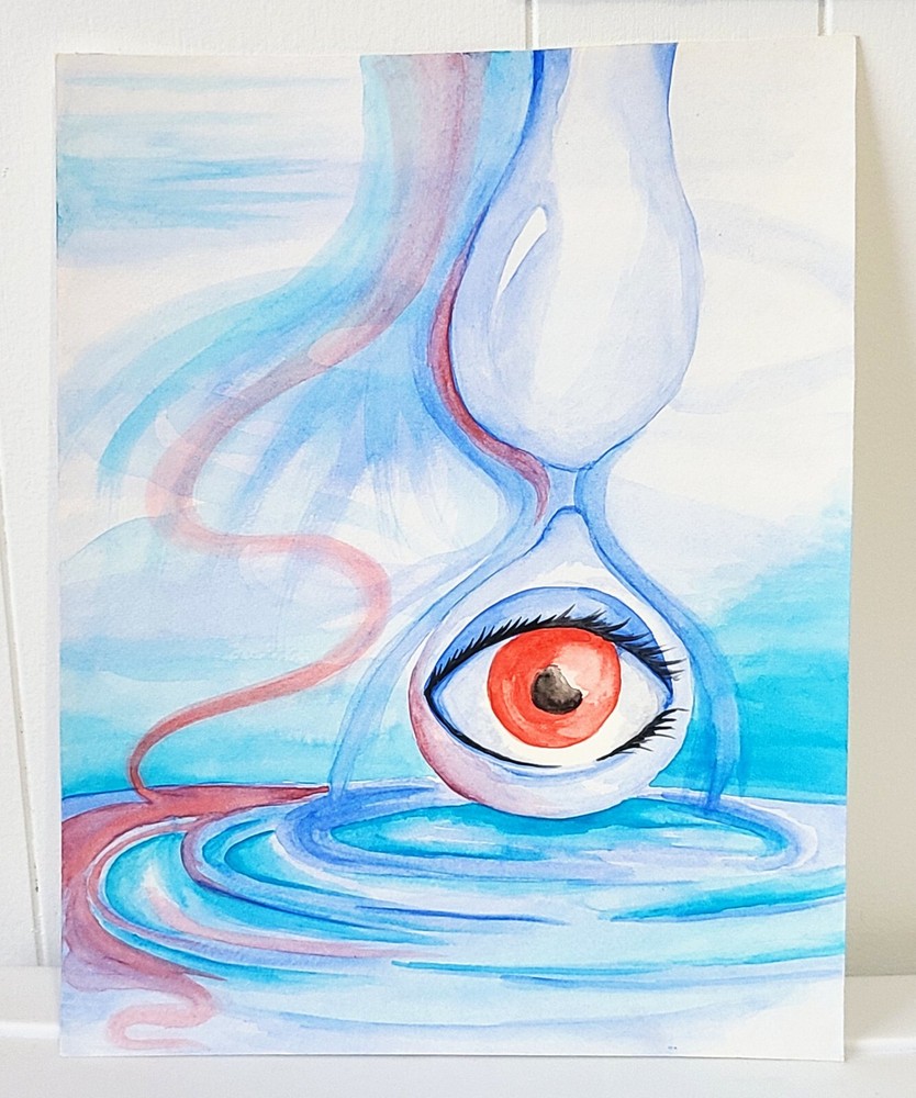 11x14 Atlantis Surreal Watercolor Eye Ripple Abstract in Red and Blue