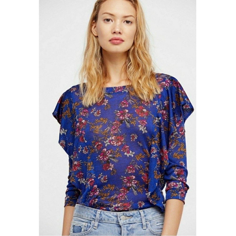 Free People Dock Street Top Ruffle Floral 3/4 Sleeve Top Button Keyhole Back XS