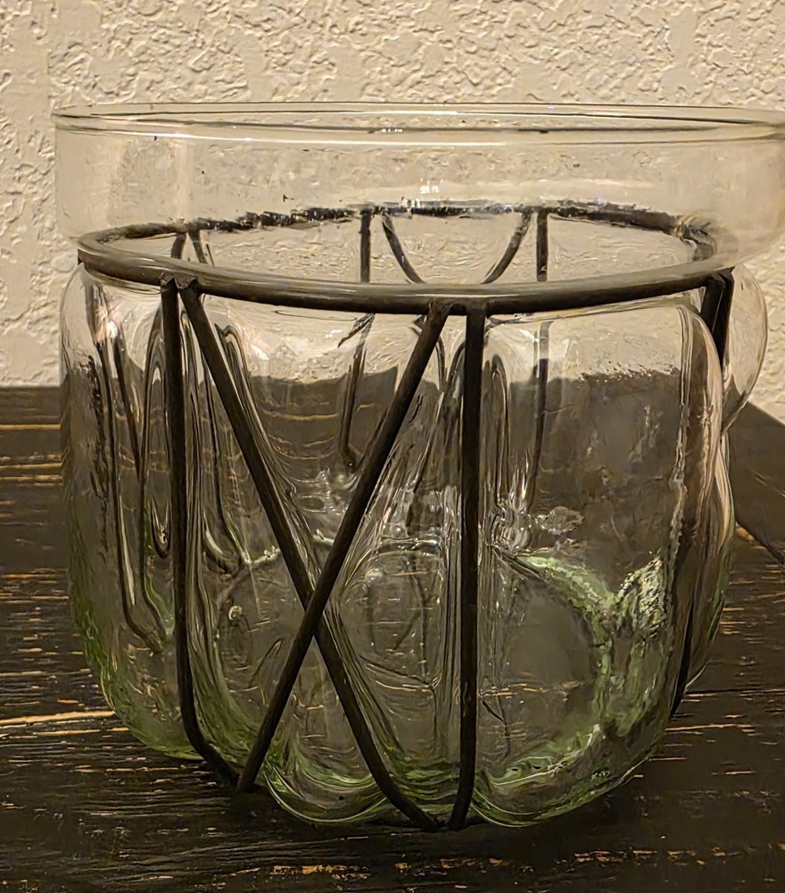Vintage Art Deco Glass Vase Incased Metal Cage Frame Handblown Made in Mexico