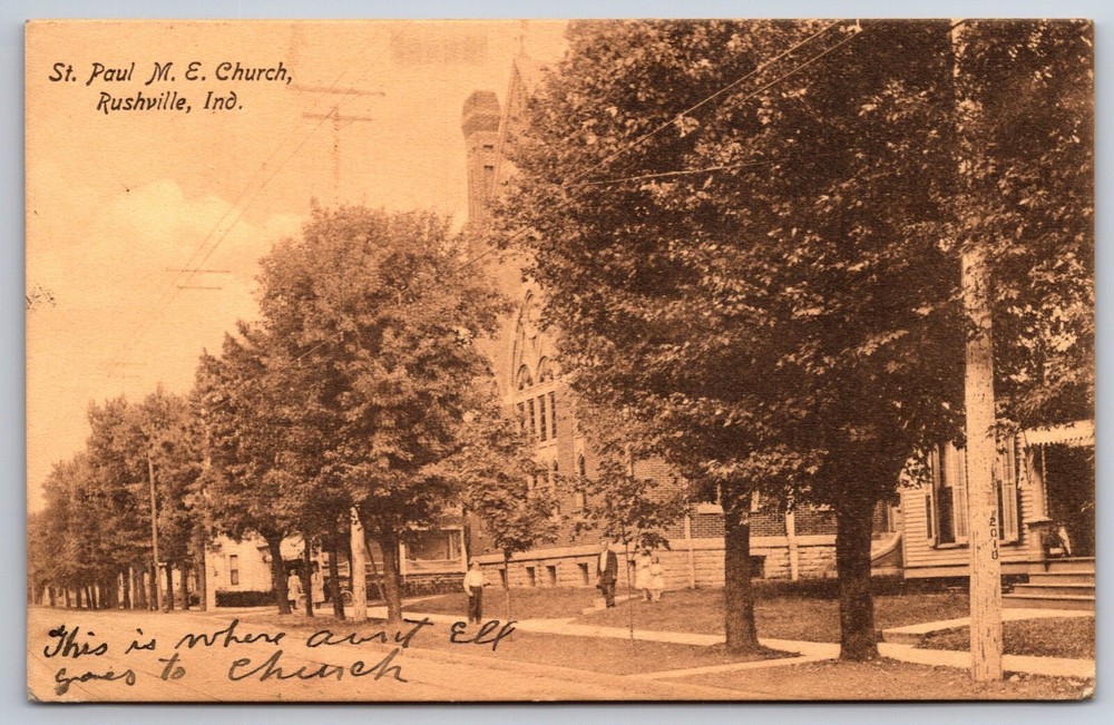 Rushville Indiana~St Paul Methodist Episcopal Church~B&W~PM 1909~Vtg Postcard