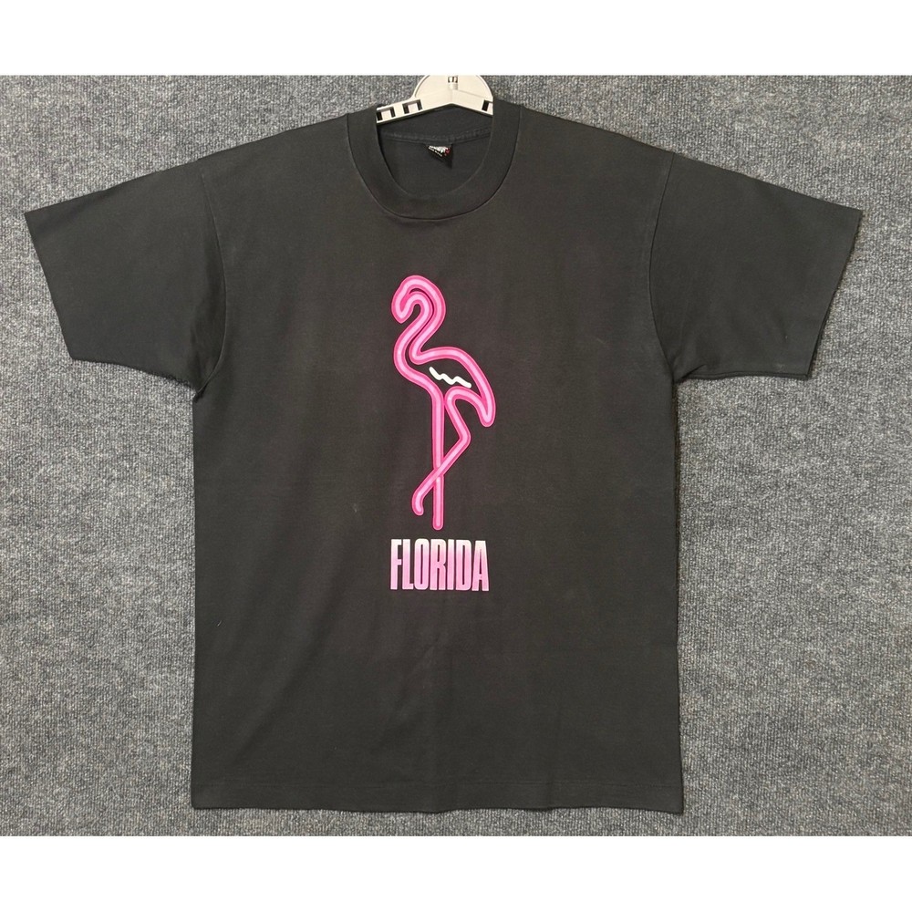 Vintage Single Stitch Mens XL T-Shirt Black Florida Flamingo Neon Graphic