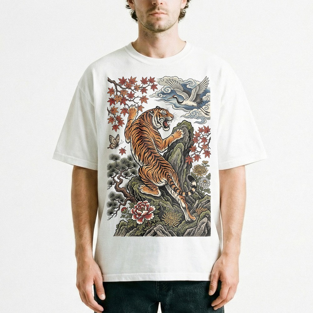 Climbing Tiger Maple Leaves Crane Japanese Vintage t-shirt Asian Nature Tee