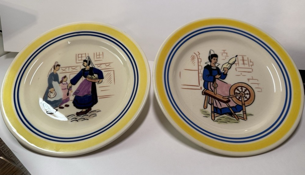 Henriot Quimper Breton Figures Faience Plates Hand Painted France Set of 2 8”