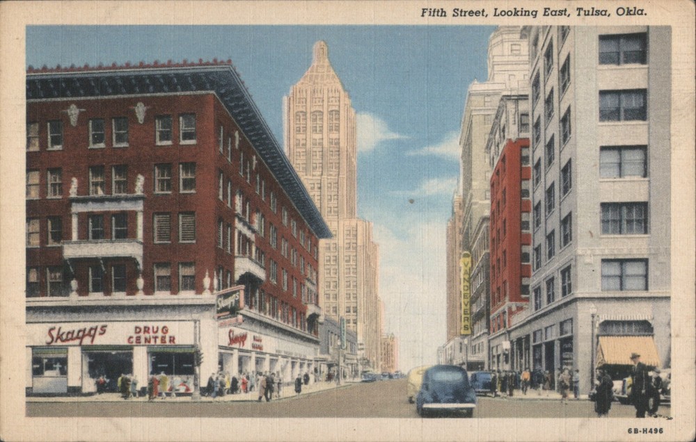 Tulsa, Oklahoma OK Fifth Street, Looking East-Skaggs Drug Center Teich Postcard