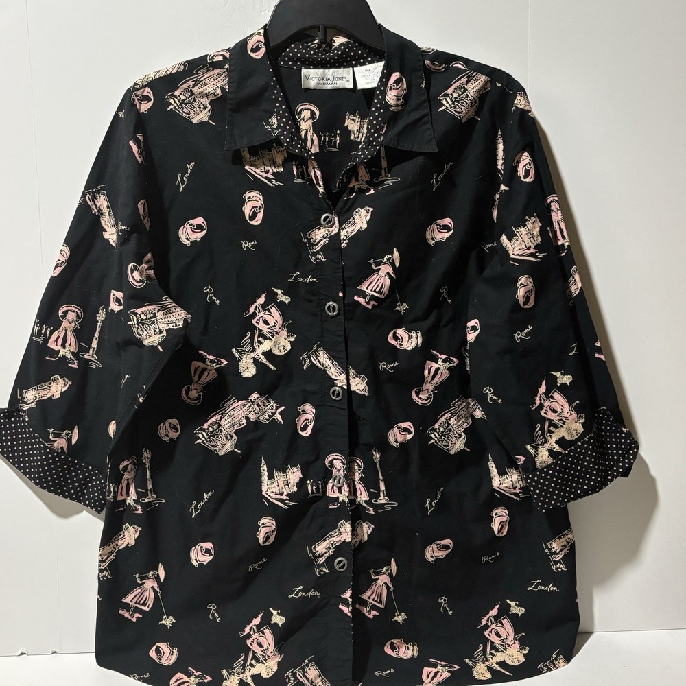 VICTORIA JONES WARREN Blouse Women Sz 2X Black London Rome Novelty Print