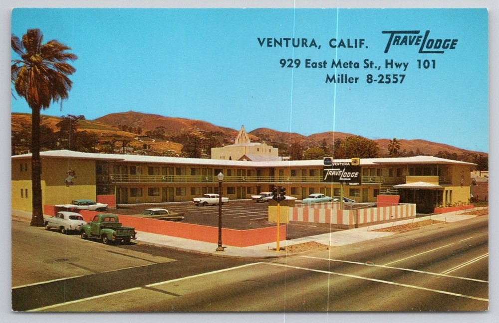 Vintage TraveLodge Motel Ventura CA Postcard Mid-Century Cars Hwy 101