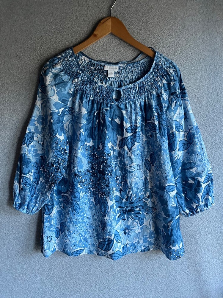 CHARTER CLUB Linen Tunic Blouse Womens Size XL Blue Floral Print Beach Balloon