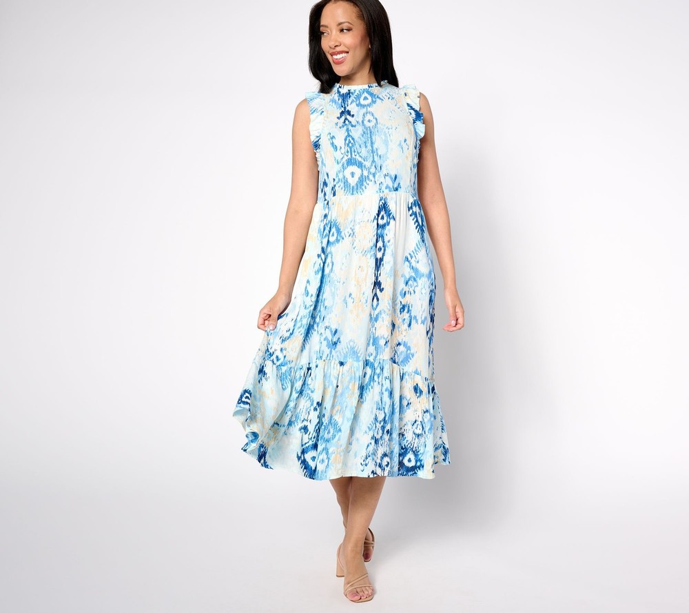Denim & Co. Women's Plus Sz Dress 1X Canyon Retreat Ruffle Sleeve Blue A660270
