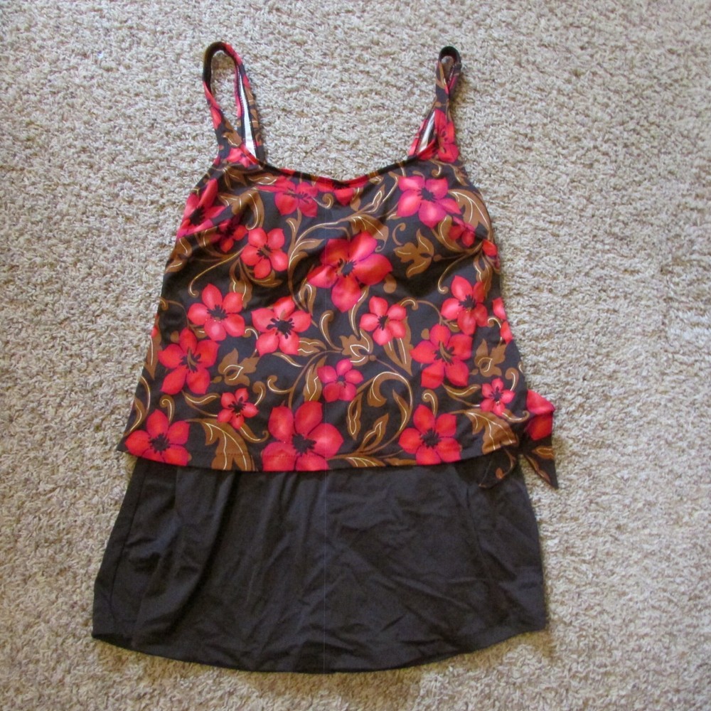 Le Cove 16 Red Brown Floral One Piece Swimsuit Swim Skirt Pad Bra Shelf EUC