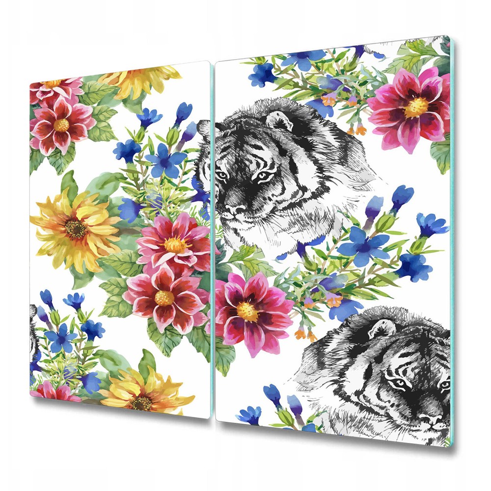Glass Chopping Cutting Board Worktop Saver Tiger among flowers Leaves 2x30x52